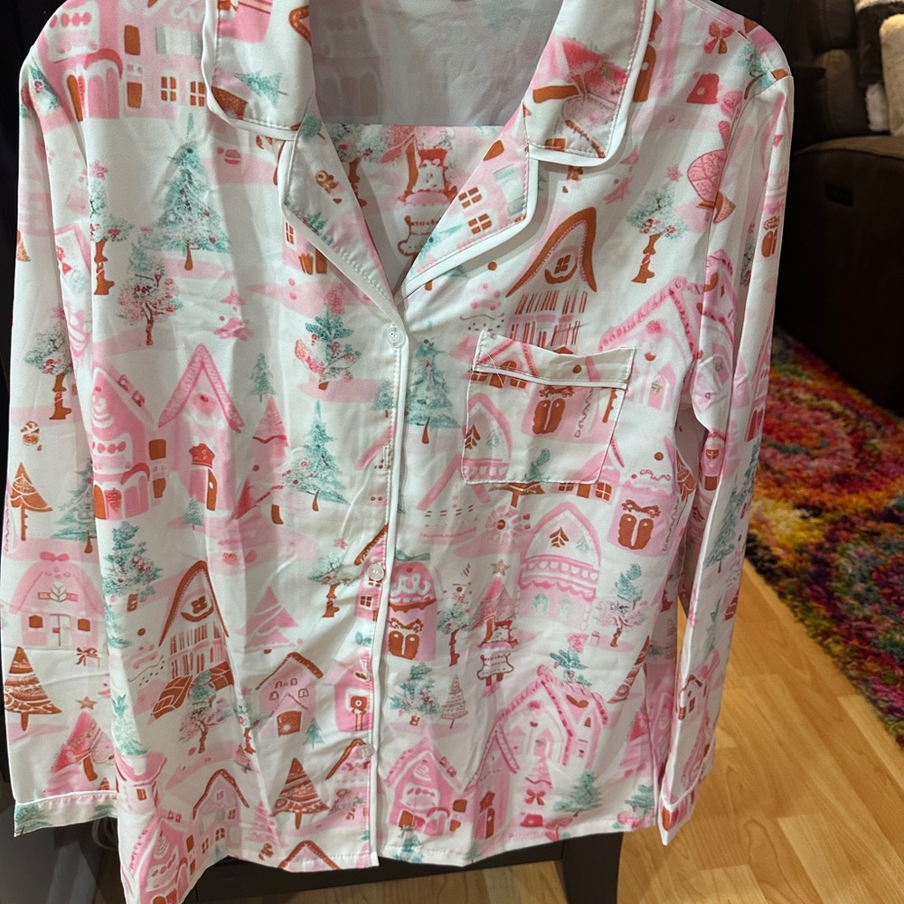 Holiday Pajamas with Ginger Bread House and Christmas Trees  in pink and green